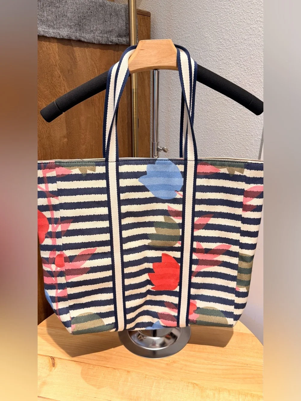 Talbots Flowers & Stripes Canvas Tote Bag striped pattern colorful floral